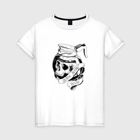 Женская футболка хлопок с принтом Смерть без кофеина в Новосибирске, 100% хлопок | прямой крой, круглый вырез горловины, длина до линии бедер, слегка спущенное плечо | бариста | кофе | кофейня | скелет | униформа | череп