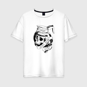Женская футболка хлопок Oversize с принтом Смерть без кофеина в Новосибирске, 100% хлопок | свободный крой, круглый ворот, спущенный рукав, длина до линии бедер
 | бариста | кофе | кофейня | скелет | униформа | череп