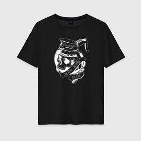 Женская футболка хлопок Oversize с принтом Смерть без кофеина 2 в Новосибирске, 100% хлопок | свободный крой, круглый ворот, спущенный рукав, длина до линии бедер
 | бариста | кости | кофе | кофейня | униформа | череп