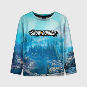 Детский лонгслив 3D с принтом SnowRunner СноуРаннер логотип в Новосибирске, 100% полиэстер | длинные рукава, круглый вырез горловины, полуприлегающий силуэт
 | race | snowrunner | гонки | гонки по бездорожью | гоночные игры | зимние гонки | снежные гонки | снежный бегун | сноу раннер | сноураннер