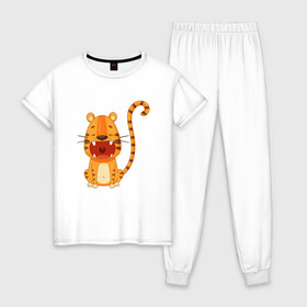 Женская пижама хлопок с принтом Голодный тигр в Новосибирске, 100% хлопок | брюки и футболка прямого кроя, без карманов, на брюках мягкая резинка на поясе и по низу штанин | 2022 | год тигра | новый год | новый год 2022 | символ года | тигр | тигренок | тигрица | тигры