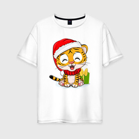 Женская футболка хлопок Oversize с принтом Тигренок с новогодними подарками New year в Новосибирске, 100% хлопок | свободный крой, круглый ворот, спущенный рукав, длина до линии бедер
 | 2022 | год тигра | новый год | новый год 2022 | символ года | тигр | тигренок | тигрица | тигры