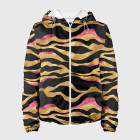 Женская куртка 3D с принтом тигровый окрас Gold Pink в Новосибирске, ткань верха — 100% полиэстер, подклад — флис | прямой крой, подол и капюшон оформлены резинкой с фиксаторами, два кармана без застежек по бокам, один большой потайной карман на груди. Карман на груди застегивается на липучку | 2022 | год тигра | новый год | новый год 2022 | символ года | тигр | тигренок | тигрица | тигры