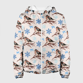 Женская куртка 3D с принтом Снегири зима в Новосибирске, ткань верха — 100% полиэстер, подклад — флис | прямой крой, подол и капюшон оформлены резинкой с фиксаторами, два кармана без застежек по бокам, один большой потайной карман на груди. Карман на груди застегивается на липучку | зима | зимняя птица | новый год | ноговодняя | птица | птичка | снегирь | холод