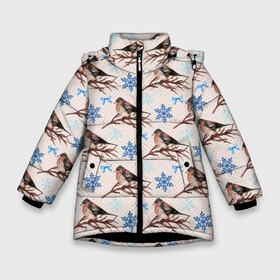 Зимняя куртка для девочек 3D с принтом Снегири зима в Новосибирске, ткань верха — 100% полиэстер; подклад — 100% полиэстер, утеплитель — 100% полиэстер. | длина ниже бедра, удлиненная спинка, воротник стойка и отстегивающийся капюшон. Есть боковые карманы с листочкой на кнопках, утяжки по низу изделия и внутренний карман на молнии. 

Предусмотрены светоотражающий принт на спинке, радужный светоотражающий элемент на пуллере молнии и на резинке для утяжки. | зима | зимняя птица | новый год | ноговодняя | птица | птичка | снегирь | холод