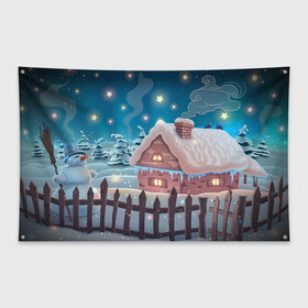 Флаг-баннер с принтом Домик в деревне в Новосибирске, 100% полиэстер | размер 67 х 109 см, плотность ткани — 95 г/м2; по краям флага есть четыре люверса для крепления | Тематика изображения на принте: new year | арт | графика | деревня | дом | зима | новый год | рождество | снеговик