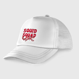 Детская кепка тракер с принтом Squid Squad в Новосибирске, Козырек - 100% хлопок. Кепка - 100% полиэстер, Задняя часть - сетка | универсальный размер, пластиковая застёжка | 001 | 067 | 101 | 199 | 212 | 456 | game | korea | mask | netflix | ojingeo geim | squid game | деньги | игра | игра в кальмара | кальмар | кино | кореец | корея | криминал | кровь | маска | нетфликс | сериал | триллер