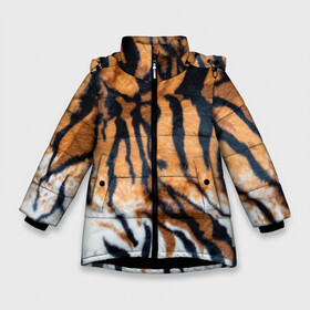 Зимняя куртка для девочек 3D с принтом Шкура тигра (Новый год 2022) в Новосибирске, ткань верха — 100% полиэстер; подклад — 100% полиэстер, утеплитель — 100% полиэстер. | длина ниже бедра, удлиненная спинка, воротник стойка и отстегивающийся капюшон. Есть боковые карманы с листочкой на кнопках, утяжки по низу изделия и внутренний карман на молнии. 

Предусмотрены светоотражающий принт на спинке, радужный светоотражающий элемент на пуллере молнии и на резинке для утяжки. | 2022 | год тигра | новый год | новый год 2022 | символ года | тигр | тигренок | тигрица | тигры