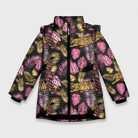 Зимняя куртка для девочек 3D с принтом Тропические листья микс в Новосибирске, ткань верха — 100% полиэстер; подклад — 100% полиэстер, утеплитель — 100% полиэстер. | длина ниже бедра, удлиненная спинка, воротник стойка и отстегивающийся капюшон. Есть боковые карманы с листочкой на кнопках, утяжки по низу изделия и внутренний карман на молнии. 

Предусмотрены светоотражающий принт на спинке, радужный светоотражающий элемент на пуллере молнии и на резинке для утяжки. | джунгли | лето | листья | паттерн | тропики | тропические листья
