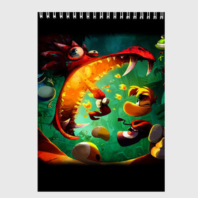 Скетчбук с принтом Rayman Legend в Новосибирске, 100% бумага
 | 48 листов, плотность листов — 100 г/м2, плотность картонной обложки — 250 г/м2. Листы скреплены сверху удобной пружинной спиралью | Тематика изображения на принте: аркада | дракон | игра | кулак | рейман