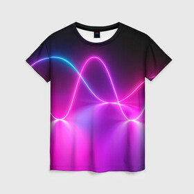 Женская футболка 3D с принтом Лучи света pink theme в Новосибирске, 100% полиэфир ( синтетическое хлопкоподобное полотно) | прямой крой, круглый вырез горловины, длина до линии бедер | абстрактные | волна | волна света | излучение | киберпанк | лучи | лучи света | неон | неоновые принты | рисунок | свет