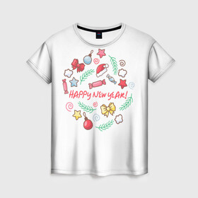 Женская футболка 3D с принтом Happy New Year * С Новым Годом * в Новосибирске, 100% полиэфир ( синтетическое хлопкоподобное полотно) | прямой крой, круглый вырез горловины, длина до линии бедер | выходные | новый год | подарки | праздник | празднование | рожлество