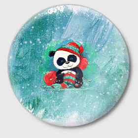 Значок с принтом Панда вяжет в Новосибирске,  металл | круглая форма, металлическая застежка в виде булавки | new year | арт | вязание | графика | зима | новый год | панда | рождество