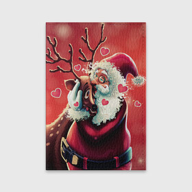Обложка для паспорта матовая кожа с принтом Santa and deer в Новосибирске, натуральная матовая кожа | размер 19,3 х 13,7 см; прозрачные пластиковые крепления | new year | арт | графика | дед мороз | зима | новый год | олень | рождество | санта
