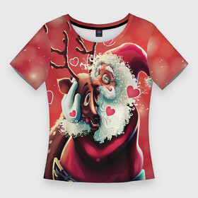 Женская футболка 3D Slim с принтом Santa and deer в Новосибирске,  |  | new year | арт | графика | дед мороз | зима | новый год | олень | рождество | санта