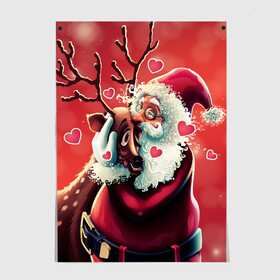 Постер с принтом Santa and deer в Новосибирске, 100% бумага
 | бумага, плотность 150 мг. Матовая, но за счет высокого коэффициента гладкости имеет небольшой блеск и дает на свету блики, но в отличии от глянцевой бумаги не покрыта лаком | new year | арт | графика | дед мороз | зима | новый год | олень | рождество | санта
