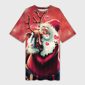 Платье-футболка 3D с принтом Santa and deer в Новосибирске,  |  | new year | арт | графика | дед мороз | зима | новый год | олень | рождество | санта