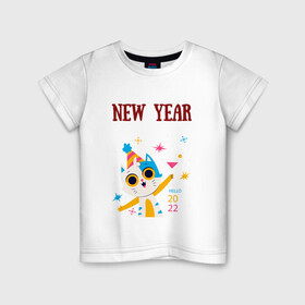 Детская футболка хлопок с принтом New 2022 yaer в Новосибирске, 100% хлопок | круглый вырез горловины, полуприлегающий силуэт, длина до линии бедер | new year | арт | графика | зима | кот | новый год | рождество