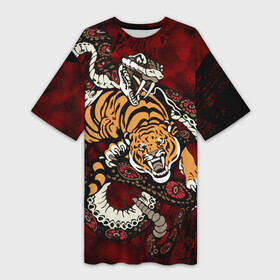 Платье-футболка 3D с принтом Тигр со Змеёй 2022 в Новосибирске,  |  | борьба | вектор | змея | противостояние | тигр