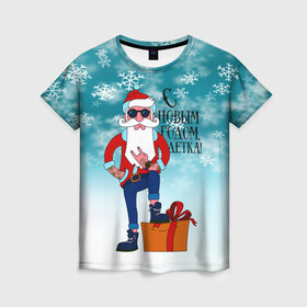 Женская футболка 3D с принтом Hipster Santa 2022 в Новосибирске, 100% полиэфир ( синтетическое хлопкоподобное полотно) | прямой крой, круглый вырез горловины, длина до линии бедер | 2022 | ded moroz | rock | santa | борода | дед мороз | нг | новый год | подарок | рок | санта | тату | хипстер