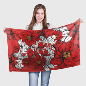 Флаг 3D с принтом Цветы на алом фоне в Новосибирске, 100% полиэстер | плотность ткани — 95 г/м2, размер — 67 х 109 см. Принт наносится с одной стороны | алый | графика | маки | настроение | нежное | цветы
