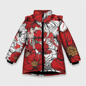 Зимняя куртка для девочек 3D с принтом Цветы на алом фоне в Новосибирске, ткань верха — 100% полиэстер; подклад — 100% полиэстер, утеплитель — 100% полиэстер. | длина ниже бедра, удлиненная спинка, воротник стойка и отстегивающийся капюшон. Есть боковые карманы с листочкой на кнопках, утяжки по низу изделия и внутренний карман на молнии. 

Предусмотрены светоотражающий принт на спинке, радужный светоотражающий элемент на пуллере молнии и на резинке для утяжки. | алый | графика | маки | настроение | нежное | цветы