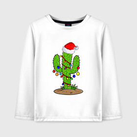 Детский лонгслив хлопок с принтом НОВОГОДНИЙ КАКТУС CHRISTMAS CACTUS в Новосибирске, 100% хлопок | круглый вырез горловины, полуприлегающий силуэт, длина до линии бедер | Тематика изображения на принте: 2022 | cactus | christmas | cold | garland | klaus | merry | new | santa | snow | winter | year | герлянды | гирлянда | год | елка | ёлки | ель | зима | кактус | клаус | мороз | новый | рождество | санта | снег | фонарики | холод