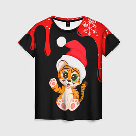 Женская футболка 3D с принтом НОВЫЙ ГОД ТИГР СНЕЖИНКИ 2022 в Новосибирске, 100% полиэфир ( синтетическое хлопкоподобное полотно) | прямой крой, круглый вырез горловины, длина до линии бедер | 2022 | merry christmas | год тигра | нг | новогодний тигр | новогодняя символика | новый год | рождество | символ 2022 года | снежинки | тигр