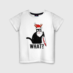 Детская футболка хлопок с принтом НОВОГОДНИЙ WHAT CAT в Новосибирске, 100% хлопок | круглый вырез горловины, полуприлегающий силуэт, длина до линии бедер | 2022 | cat | cats | christmas | cold | garland | klaus | mem | meme | memes | merry | new | santa | snow | what | winter | year | герлянды | гирлянда | год | зима | клаус | кот | котейка | котенок | котик | котэ | кошка | мем | мемы | мороз