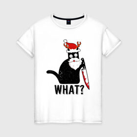 Женская футболка хлопок с принтом НОВОГОДНИЙ WHAT CAT в Новосибирске, 100% хлопок | прямой крой, круглый вырез горловины, длина до линии бедер, слегка спущенное плечо | 2022 | cat | cats | christmas | cold | garland | klaus | mem | meme | memes | merry | new | santa | snow | what | winter | year | герлянды | гирлянда | год | зима | клаус | кот | котейка | котенок | котик | котэ | кошка | мем | мемы | мороз