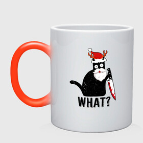 Кружка хамелеон с принтом НОВОГОДНИЙ WHAT CAT в Новосибирске, керамика | меняет цвет при нагревании, емкость 330 мл | Тематика изображения на принте: 2022 | cat | cats | christmas | cold | garland | klaus | mem | meme | memes | merry | new | santa | snow | what | winter | year | герлянды | гирлянда | год | зима | клаус | кот | котейка | котенок | котик | котэ | кошка | мем | мемы | мороз