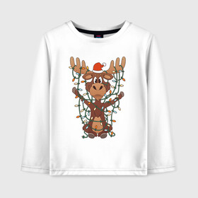 Детский лонгслив хлопок с принтом НОВОГОДНИЙ ОЛЕНЬ CHRISTMAS DEER в Новосибирске, 100% хлопок | круглый вырез горловины, полуприлегающий силуэт, длина до линии бедер | 2022 | christmas | cold | deer | klaus | mem | meme | memes | merry | new | santa | snow | what | winter | year | гирлянды | год | зима | клаус | мем | мемы | мороз | новый | олень | рождество | санта | снег | холод | что