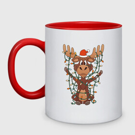 Кружка двухцветная с принтом НОВОГОДНИЙ ОЛЕНЬ CHRISTMAS DEER в Новосибирске, керамика | объем — 330 мл, диаметр — 80 мм. Цветная ручка и кайма сверху, в некоторых цветах — вся внутренняя часть | 2022 | christmas | cold | deer | klaus | mem | meme | memes | merry | new | santa | snow | what | winter | year | гирлянды | год | зима | клаус | мем | мемы | мороз | новый | олень | рождество | санта | снег | холод | что