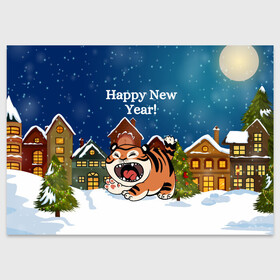 Поздравительная открытка с принтом Рычащий тигренок 2022 в Новосибирске, 100% бумага | плотность бумаги 280 г/м2, матовая, на обратной стороне линовка и место для марки
 | Тематика изображения на принте: 2022 | год тигра | новый год | новый год 2022 | символ года | тигр | тигренок | тигрица | тигры