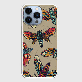 Чехол для iPhone 13 Pro с принтом Мотыльки черепа в Новосибирске,  |  | Тематика изображения на принте: бабочки | гранж | мотыльки | татту | узор | череп