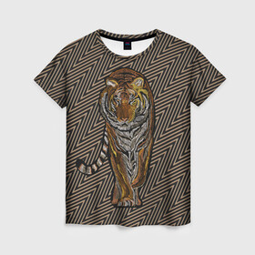 Женская футболка 3D с принтом Благородный тигр в Новосибирске, 100% полиэфир ( синтетическое хлопкоподобное полотно) | прямой крой, круглый вырез горловины, длина до линии бедер | благородный | грация | животное | символ года | тигр | хищник