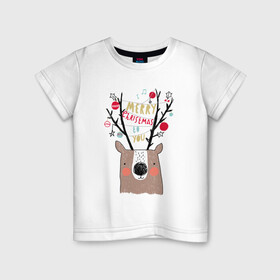 Детская футболка хлопок с принтом Рогатый О в Новосибирске, 100% хлопок | круглый вырез горловины, полуприлегающий силуэт, длина до линии бедер | голова | новый год | олень | рога | рождество