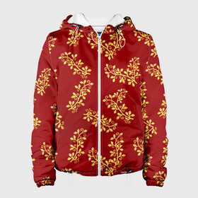 Женская куртка 3D с принтом Золотые веточки на ярко красном фоне в Новосибирске, ткань верха — 100% полиэстер, подклад — флис | прямой крой, подол и капюшон оформлены резинкой с фиксаторами, два кармана без застежек по бокам, один большой потайной карман на груди. Карман на груди застегивается на липучку | gold | plants | red | twigs | веточки | день влюбленных | золото | золотой | красный | любовь | новый год | подарок | праздник | растения