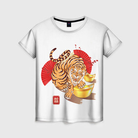 Женская футболка 3D с принтом Золотой тигр 2022 Tigr в Новосибирске, 100% полиэфир ( синтетическое хлопкоподобное полотно) | прямой крой, круглый вырез горловины, длина до линии бедер | 2022 | new year | tiger | water tiger | водяной тигр | символ года