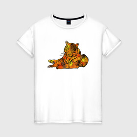 Женская футболка хлопок с принтом Акварельный тигр 2022 в Новосибирске, 100% хлопок | прямой крой, круглый вырез горловины, длина до линии бедер, слегка спущенное плечо | дикие кошки | новый год | символ года | тигр | тигренок