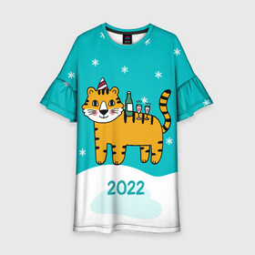 Детское платье 3D с принтом Новогодний стол - тигр в Новосибирске, 100% полиэстер | прямой силуэт, чуть расширенный к низу. Круглая горловина, на рукавах — воланы | Тематика изображения на принте: 2022 | год тигра | новый год | новый год 2022 | символ года | тигр | тигренок | тигрица | тигры