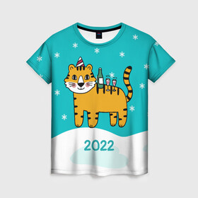 Женская футболка 3D с принтом Новогодний стол - тигр в Новосибирске, 100% полиэфир ( синтетическое хлопкоподобное полотно) | прямой крой, круглый вырез горловины, длина до линии бедер | 2022 | год тигра | новый год | новый год 2022 | символ года | тигр | тигренок | тигрица | тигры
