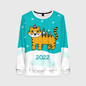 Женский свитшот 3D с принтом Новогодний стол - тигр в Новосибирске, 100% полиэстер с мягким внутренним слоем | круглый вырез горловины, мягкая резинка на манжетах и поясе, свободная посадка по фигуре | 2022 | год тигра | новый год | новый год 2022 | символ года | тигр | тигренок | тигрица | тигры