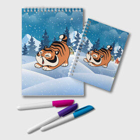 Блокнот с принтом Тигренок подтягивается в Новосибирске, 100% бумага | 48 листов, плотность листов — 60 г/м2, плотность картонной обложки — 250 г/м2. Листы скреплены удобной пружинной спиралью. Цвет линий — светло-серый
 | Тематика изображения на принте: 2022 | год тигра | новый год | новый год 2022 | символ года | тигр | тигренок | тигрица | тигры