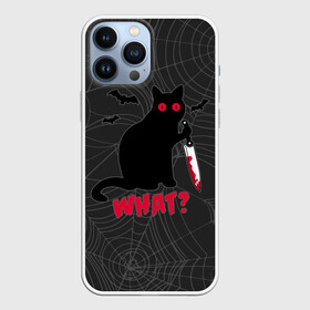 Чехол для iPhone 13 Pro Max с принтом What Кот убийца в Новосибирске,  |  | bats | blood | cat | halloween | killer | maniac | what | with a knife | кот | кошка | кровь | летучие мыши | с ножом | хеллоуин | что