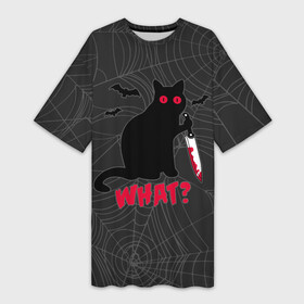 Платье-футболка 3D с принтом What Кот убийца в Новосибирске,  |  | bats | blood | cat | halloween | killer | maniac | what | with a knife | кот | кошка | кровь | летучие мыши | с ножом | хеллоуин | что