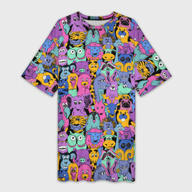 Платье-футболка 3D с принтом Разные Мультяшные Животные в Новосибирске,  |  | Тематика изображения на принте: animals | safari | zoo | детские | дикая природа | животные | жираф | звери | зверюшки | зебра | зоопарк | лев | мультики | сафари | слон