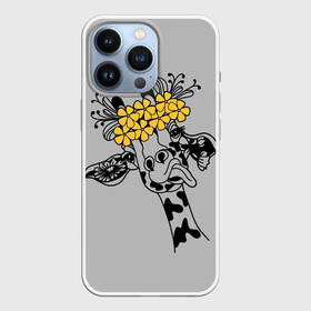 Чехол для iPhone 13 Pro с принтом Жираф показывает язык в Новосибирске,  |  | african | funny | giraffe | on the head | shows tongue | wreath | yellow flowers | африканский | венок | весёлый | жёлтые цветы | жираф | на голове | показывает | язык