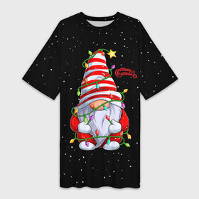 Платье-футболка 3D с принтом Новогодний Гном с гирляндой  Gnome and Christmas lights в Новосибирске,  |  | christmas | dwarf | gnom | гирлянда | гном | лампочка | новый год | огоньки | рождество