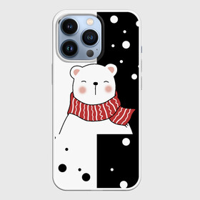 Чехол для iPhone 13 Pro с принтом ЧЁРНО БЕЛЫЙ МИШКА в Новосибирске,  |  | белый | горошек | зима | медведь | милый | мишка | подарок | прикол | пушистый | фон | чб | черный | шарф